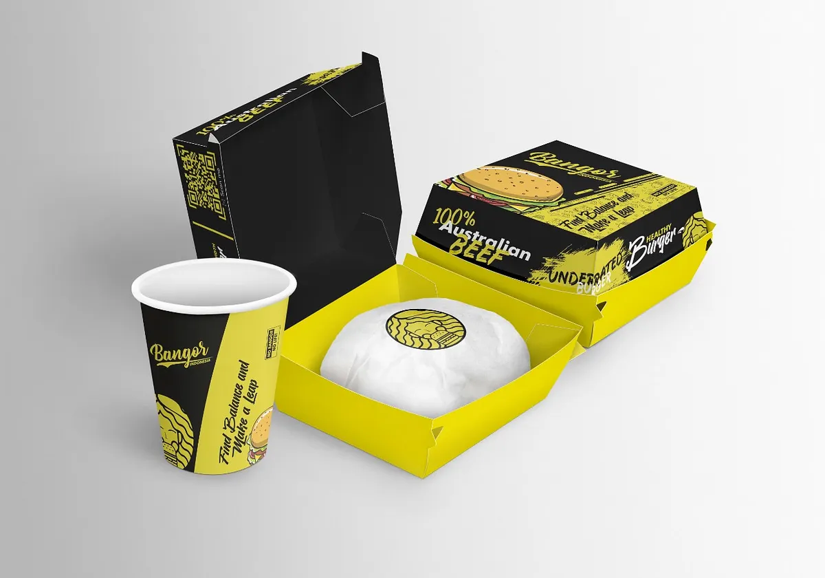 Black and yellow burger box packaging design